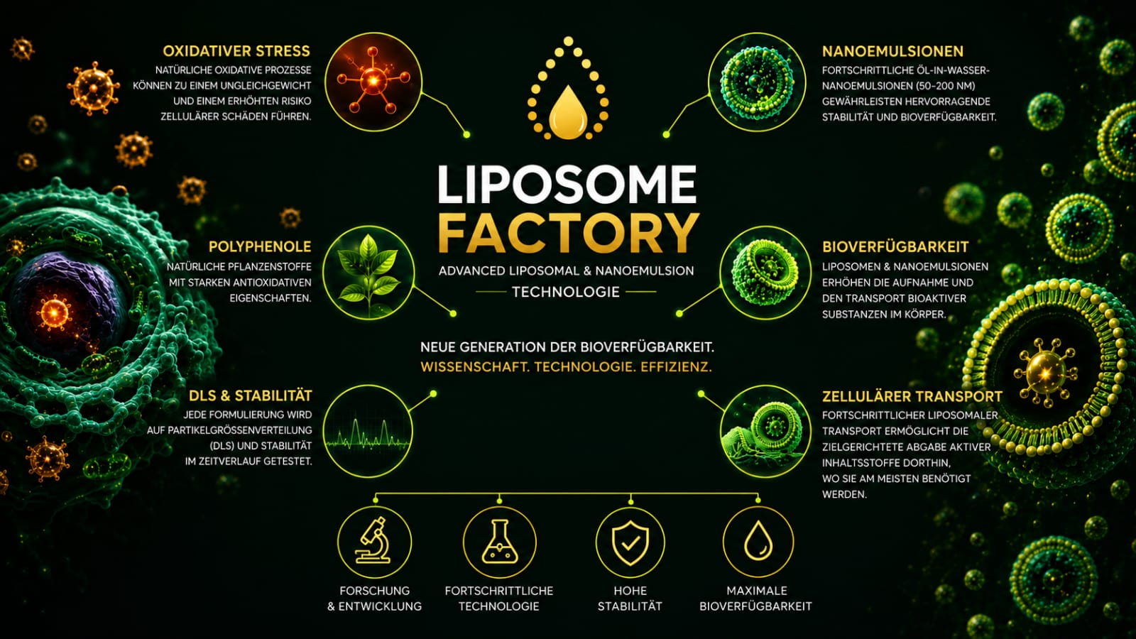 Oxidativer Stress, Bioverfügbarkeit und liposomale Technologie – Liposome Factory Infografik