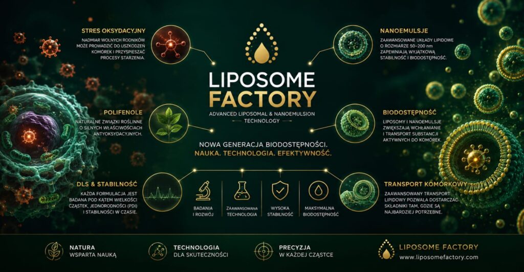 Stres oksydacyjny, biodostępność i technologia nanoemulsji Liposome Factory – wizualizacja transportu substancji bioaktywnych do komórek.