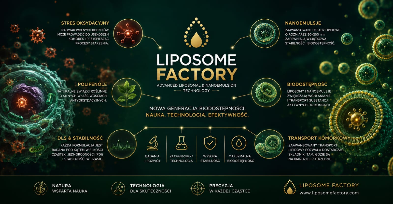 Stres oksydacyjny, biodostępność i technologia nanoemulsji Liposome Factory – wizualizacja transportu substancji bioaktywnych do komórek.